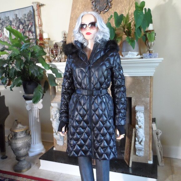 New Diane Von Furstenberg Black Quilted Down Coat w/Faux Fur Trim Hood Size S - Picture 2 of 16